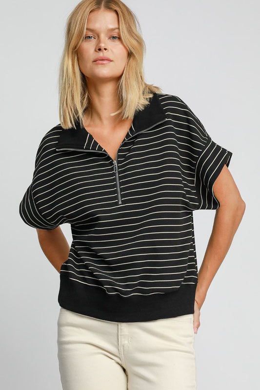 Umgee Striped Half Zip Short Sleeve Sweatshirt - Black us.meeeshop - Shirts & Tops