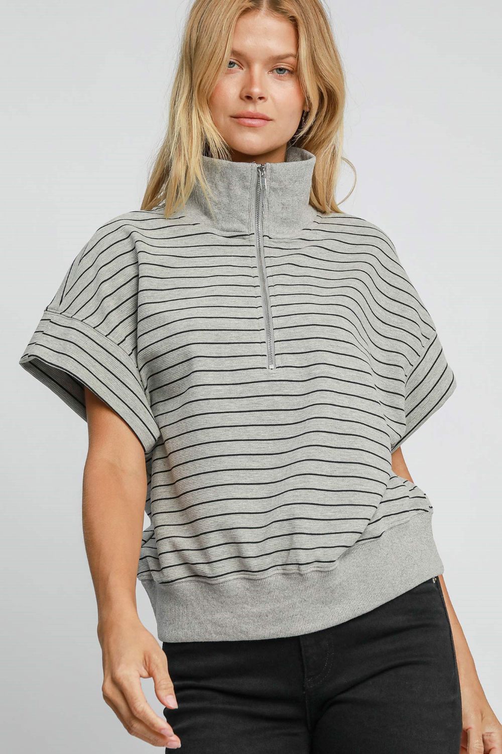 Umgee Striped Half Zip Short Sleeve Sweatshirt us.meeeshop - Shirts & Tops