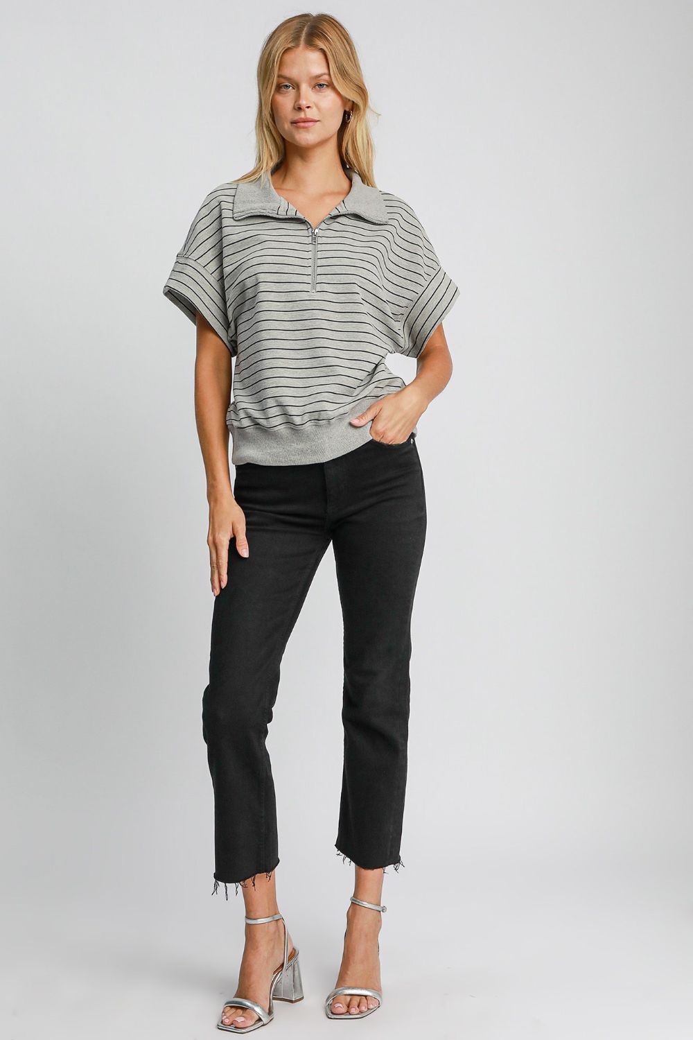 Umgee Striped Half Zip Short Sleeve Sweatshirt us.meeeshop - 