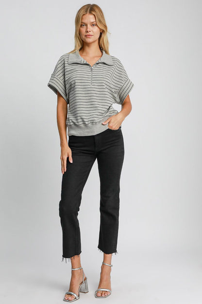 Umgee Striped Half Zip Short Sleeve Sweatshirt us.meeeshop - 