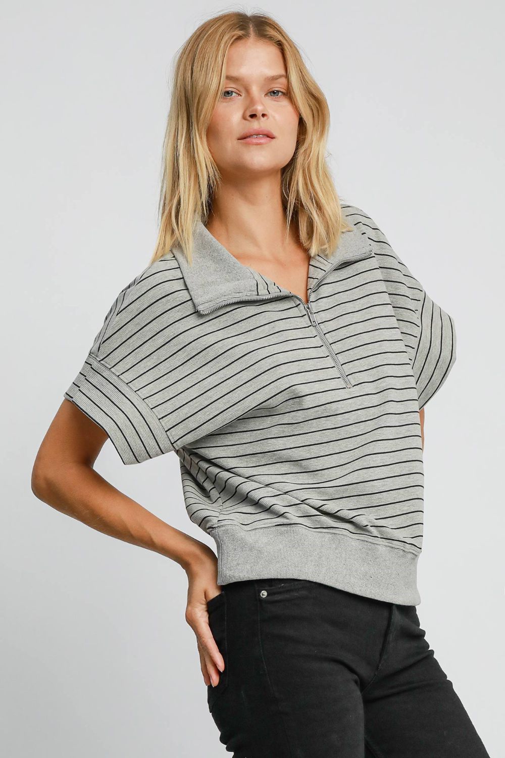 Umgee Striped Half Zip Short Sleeve Sweatshirt us.meeeshop - 