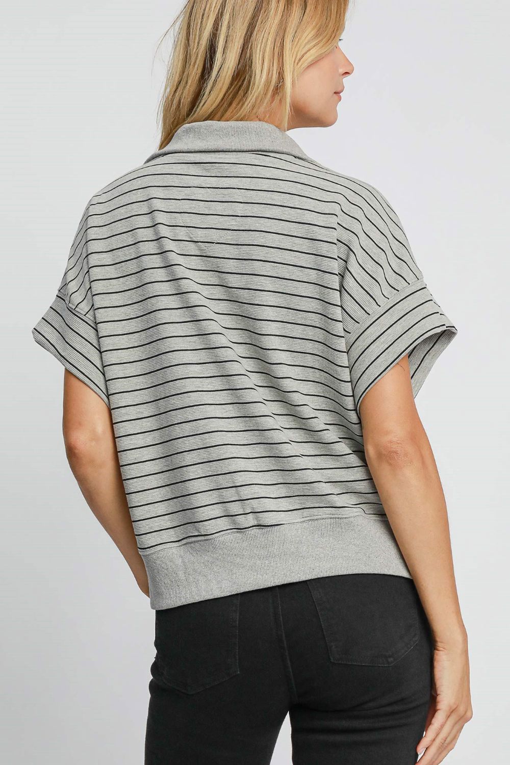 Umgee Striped Half Zip Short Sleeve Sweatshirt us.meeeshop - 