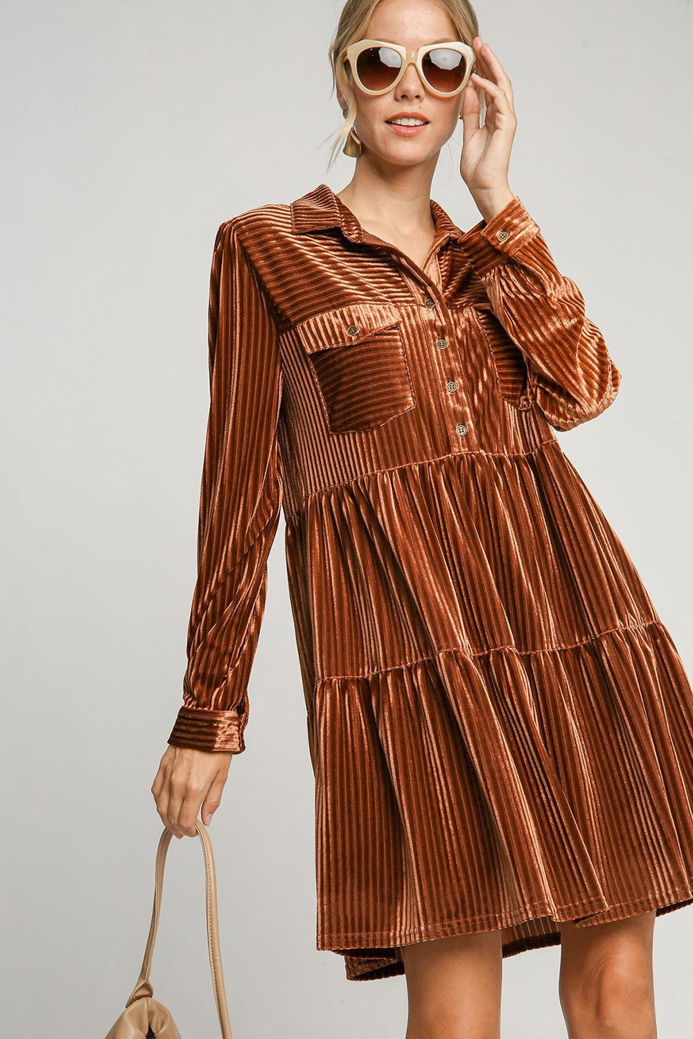 Umgee Texture Tiered Collared Long Sleeve Dress us.meeeshop - Dresses