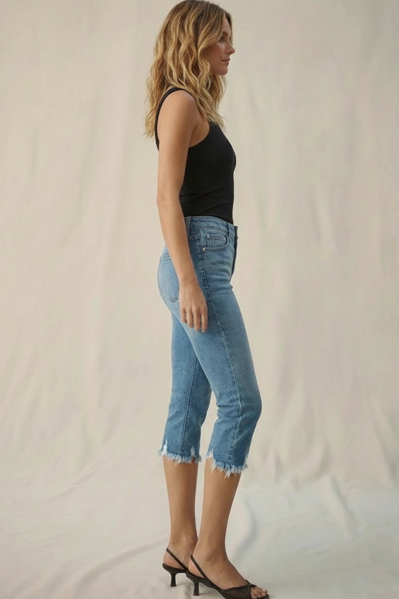 lauren mid rise Lauren Mid Rise Capri with Frayed Hem Jeans view 6 (bottom) - shop at us.meeeshop