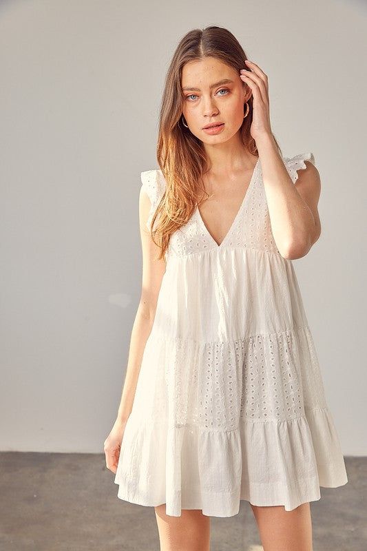 V Neck Eyelet Dress us.meeeshop - Dresses