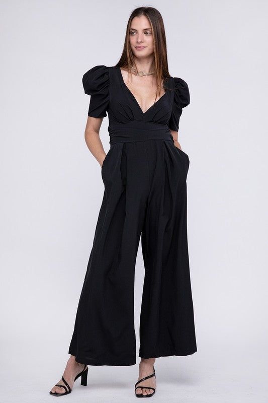 V Neck Puff Sleevw Jumpsuit us.meeeshop - 