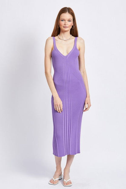 V Neck Ribbed Midi Dress With Open Back us.meeeshop - 