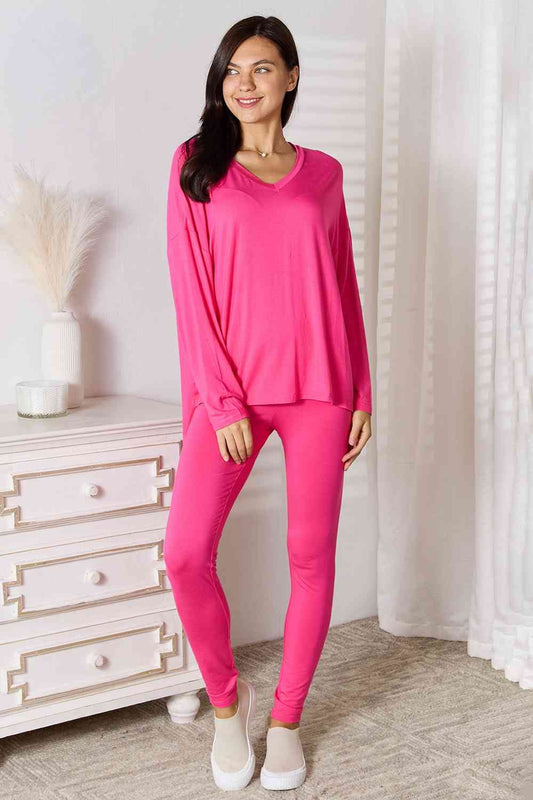 V-Neck Soft Rayon Long Sleeve Top and Pants Lounge Set us.meeeshop - Loungewear