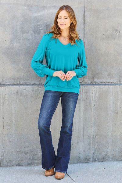 V-Neck Lantern Sleeve Blouse - us.meeeshop