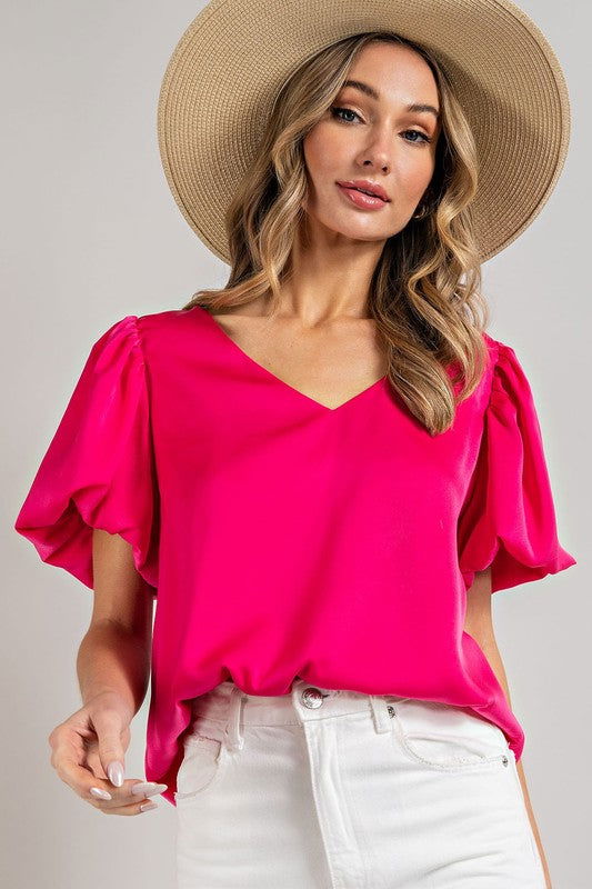 eesome V-Neck Puff Sleeve Blouse Top - us.meeeshop