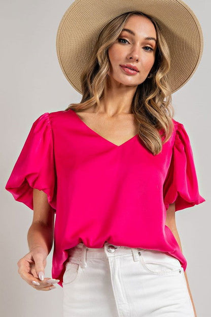 eesome V-Neck Puff Sleeve Blouse Top - us.meeeshop