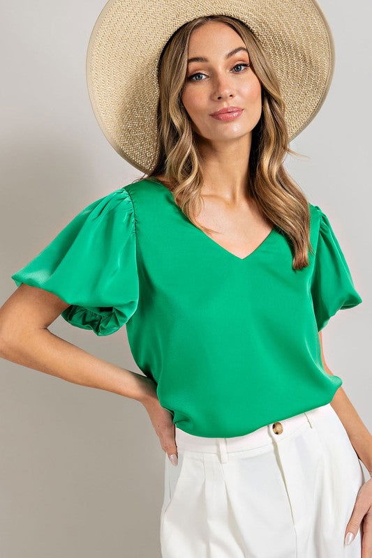 eesome V-Neck Puff Sleeve Blouse Top - us.meeeshop