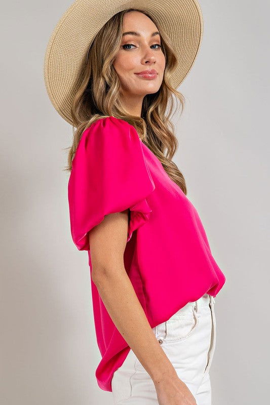 eesome V-Neck Puff Sleeve Blouse Top - us.meeeshop