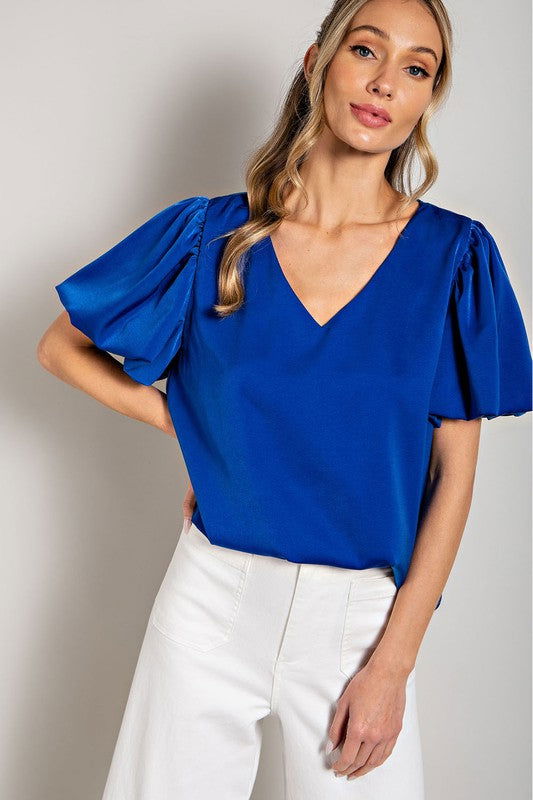 eesome V-Neck Puff Sleeve Blouse Top - us.meeeshop