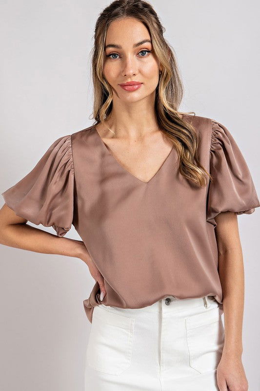 eesome V-Neck Puff Sleeve Blouse Top - us.meeeshop