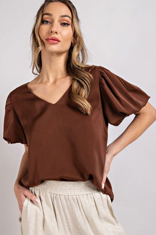 eesome V-Neck Puff Sleeve Blouse Top - us.meeeshop