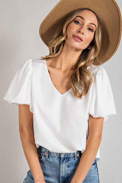 eesome V-Neck Puff Sleeve Blouse Top - us.meeeshop