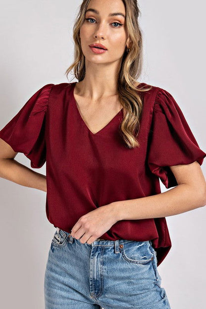 eesome V-Neck Puff Sleeve Blouse Top - us.meeeshop