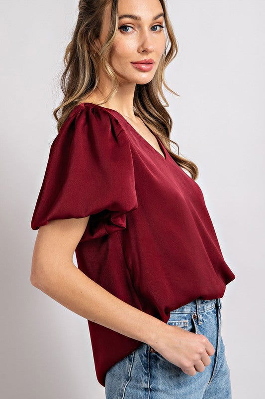 eesome V-Neck Puff Sleeve Blouse Top - us.meeeshop