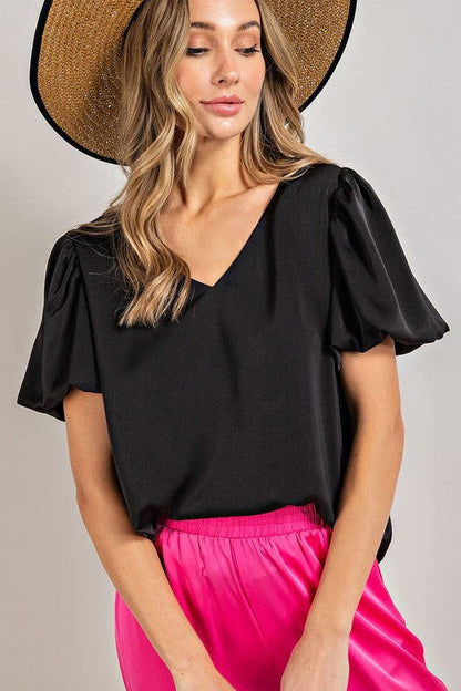 eesome V-Neck Puff Sleeve Blouse Top - us.meeeshop