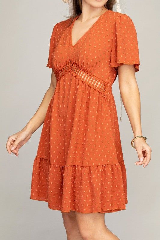 V neck dress with lace trim us.meeeshop - 