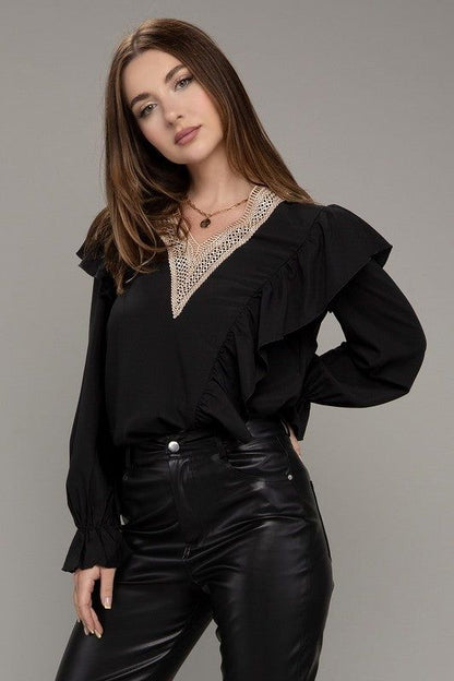 V neck lace trim long sleeve blouse us.meeeshop - 