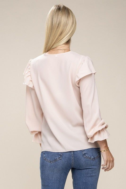 V neck lace trim long sleeve blouse us.meeeshop - 