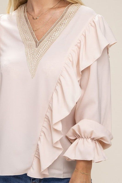 V neck lace trim long sleeve blouse us.meeeshop - 