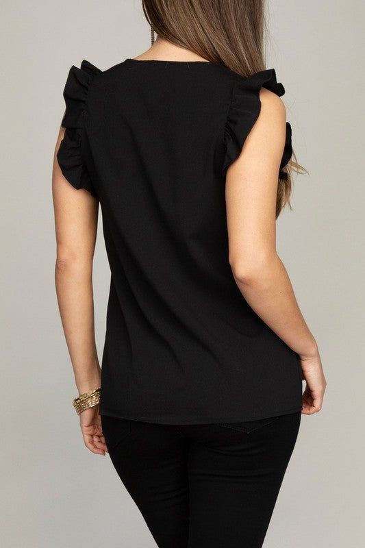 V neck ruffle sleeve Tee shirt us.meeeshop - 