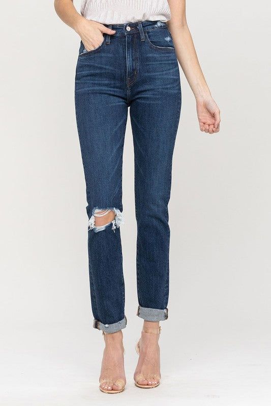 VERVET Distressed Roll Up Stretch Mom Jeans us.meeeshop - 