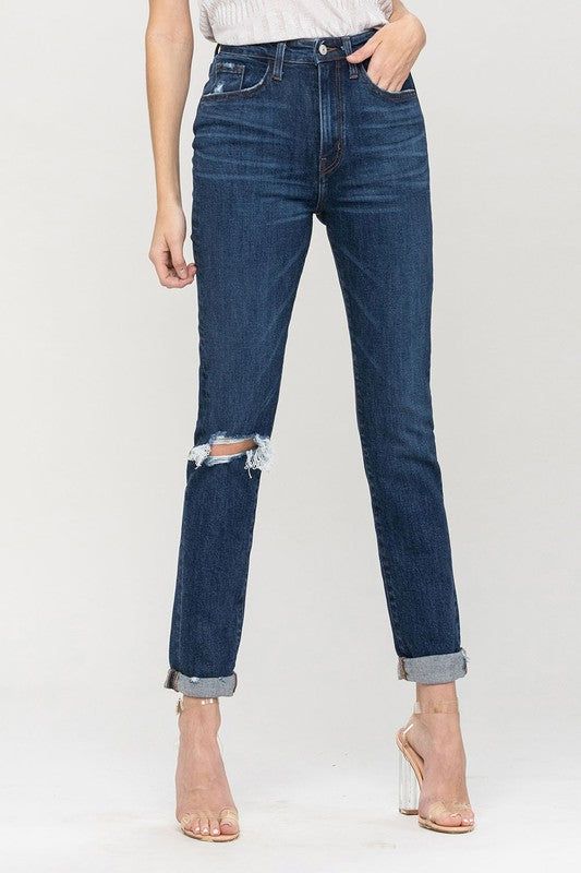 VERVET Distressed Roll Up Stretch Mom Jeans us.meeeshop - 