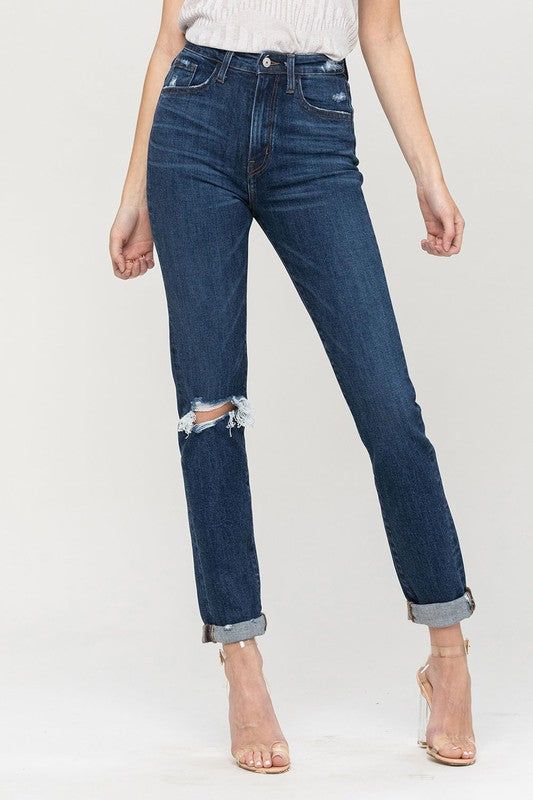 VERVET Distressed Roll Up Stretch Mom Jeans us.meeeshop - Pants