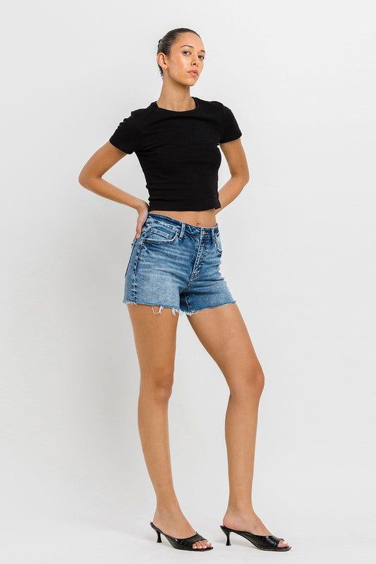 VERVET by Flying Monkey High Rise Raw Hem Denim Shorts us.meeeshop - 