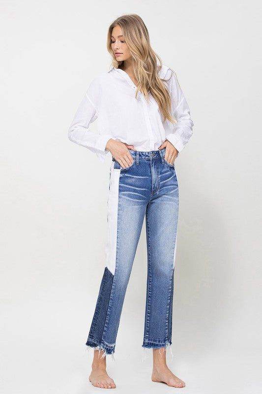 VERVET by Flying Monkey | Super High Rise Straight Crop W Side Blocking Pane Jeans us.meeeshop - 