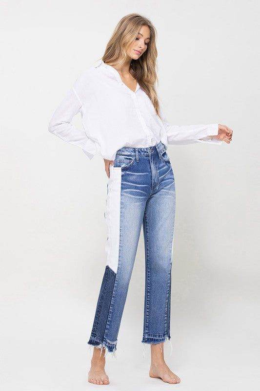 VERVET by Flying Monkey | Super High Rise Straight Crop W Side Blocking Pane Jeans us.meeeshop - 