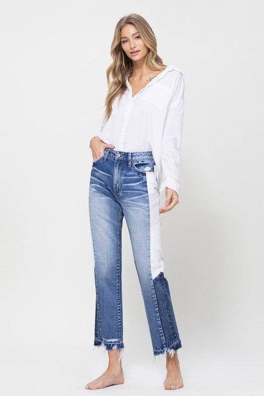 VERVET by Flying Monkey | Super High Rise Straight Crop W Side Blocking Pane Jeans us.meeeshop - 