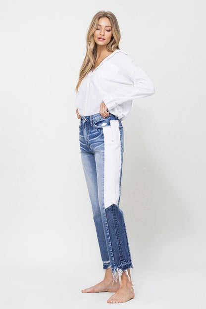 VERVET by Flying Monkey | Super High Rise Straight Crop W Side Blocking Pane Jeans | us.meeeshop