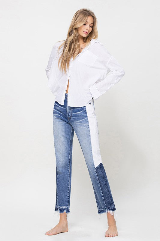 VERVET by Flying Monkey | Super High Rise Straight Crop W Side Blocking Pane Jeans | us.meeeshop