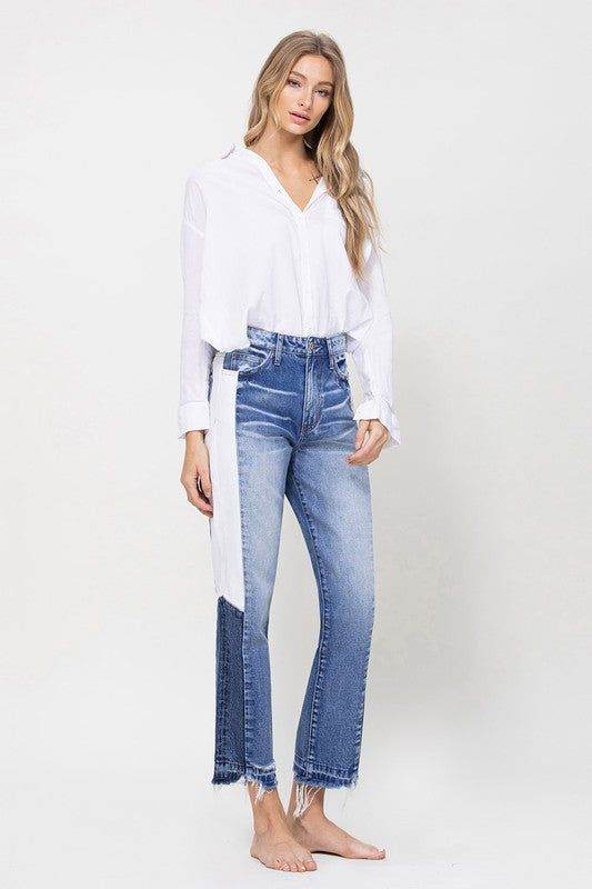 VERVET by Flying Monkey | Super High Rise Straight Crop W Side Blocking Pane Jeans us.meeeshop - 