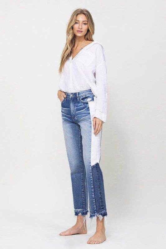 VERVET by Flying Monkey | Super High Rise Straight Crop W Side Blocking Pane Jeans us.meeeshop - 