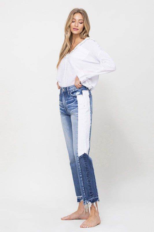 VERVET by Flying Monkey | Super High Rise Straight Crop W Side Blocking Pane Jeans us.meeeshop - 