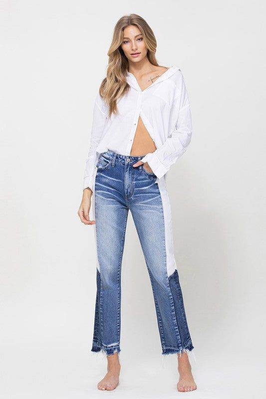 VERVET by Flying Monkey | Super High Rise Straight Crop W Side Blocking Pane Jeans us.meeeshop - 