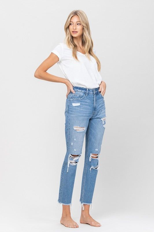 VERVET Distressed Raw Hem Mom Jeans - us.meeeshop