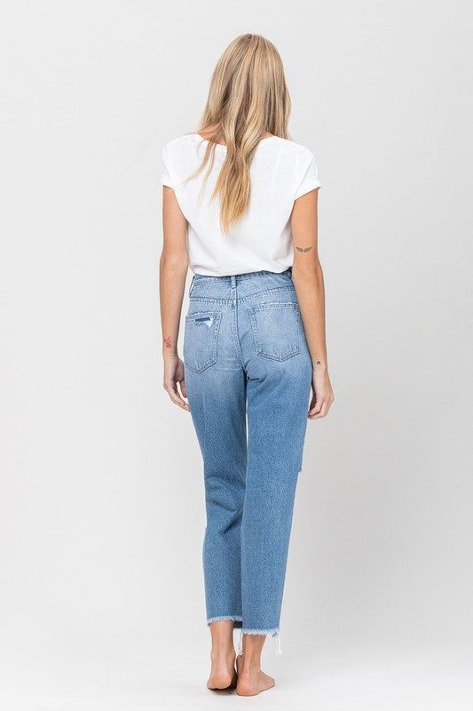 VERVET Distressed Raw Hem Mom Jeans - us.meeeshop