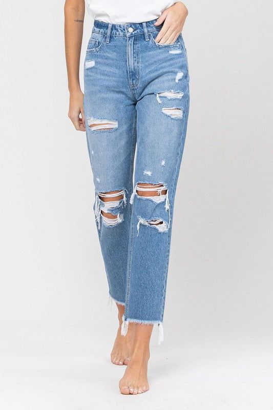 VERVET Distressed Raw Hem Mom Jeans - us.meeeshop