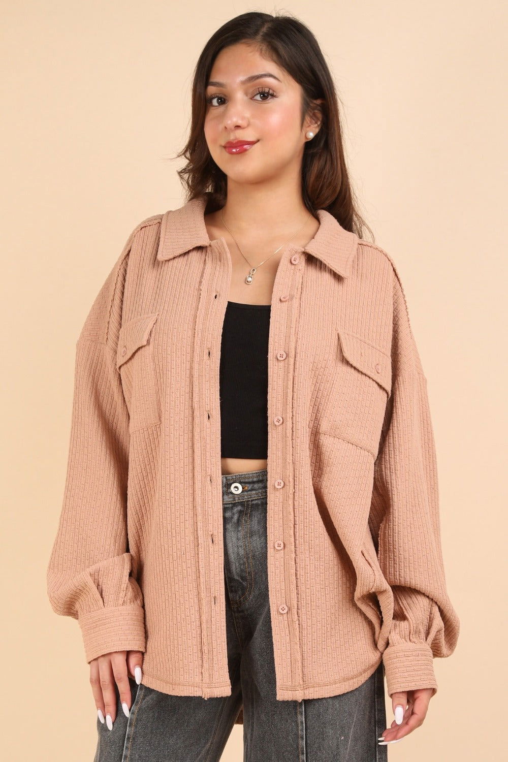 VERY J Button Down Textured Knit Shacket us.meeeshop - Coats & Jackets