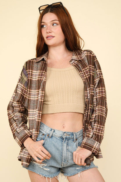 VERY J Contrast Plaid Raw Detail Shirt In Mocha us.meeeshop - 