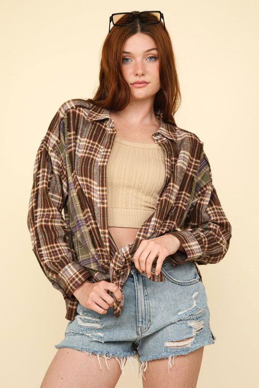 VERY J Contrast Plaid Raw Detail Shirt In Mocha us.meeeshop - Shirts & Tops