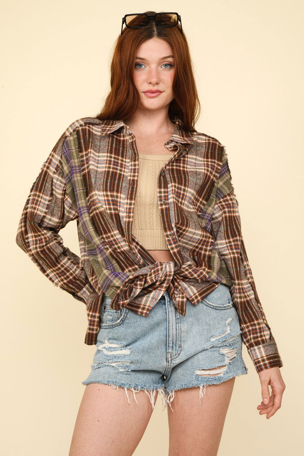 VERY J Contrast Plaid Raw Detail Shirt In Mocha us.meeeshop - 