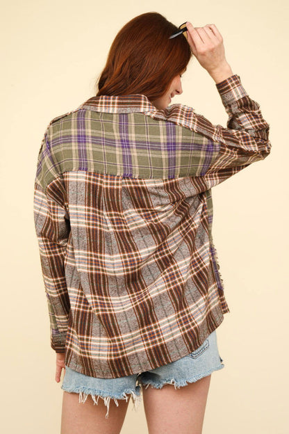 VERY J Contrast Plaid Raw Detail Shirt In Mocha us.meeeshop - 